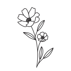 Vector art of flowers minimalist outline illustration. Botanical flowers line art with leaves in black isolated on a white background. Flowers doodle art for coloring books and decoration.