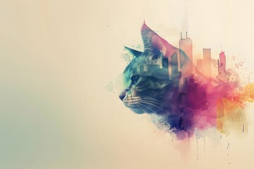 double exposure cat with colorful watercolor 