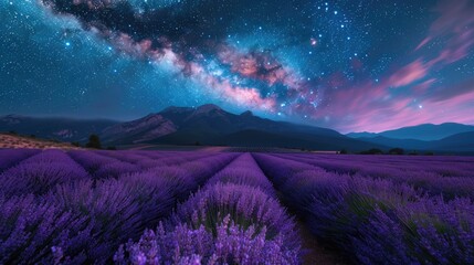 Cosmic night over blooming lavender fields
