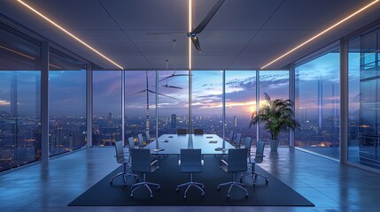 A conference room in the virtual realm where leaders from around the world convene to deliberate on groundbreaking approaches for incorporating renewable energy into business operations