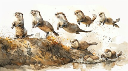 Fototapeta premium An adorable watercolor painting depicting a cluster of lively otters joyfully gliding down a muddy riverbank, Clipart set against a white background