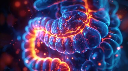 Appendicitis is depicted by a highlighted, inflamed appendix within a detailed anatomical setting, showcasing acute medical conditions in a close-up high-tech concept