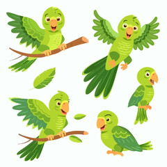 Green parrot bird standing on branch and flying. Flat cartoon character set isolated on white