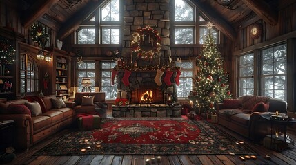 Obraz premium A spacious, decorated cabin living room features a warm fireplace and festive Christmas tree during.