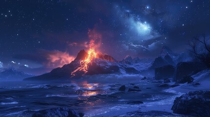 Erupting volcano under a starlit sky amid icy terrain
