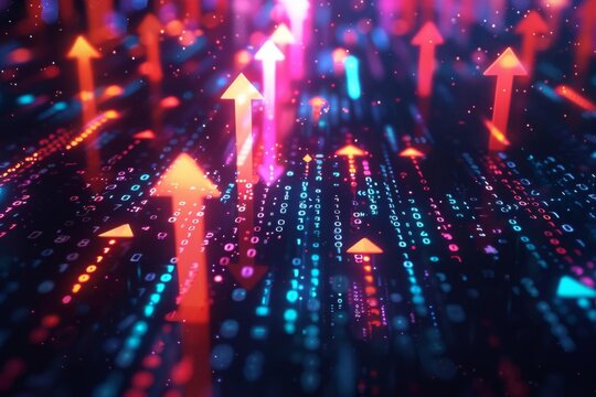 Abstract digital background with glowing arrows and binary code representing data growth and technology progress.