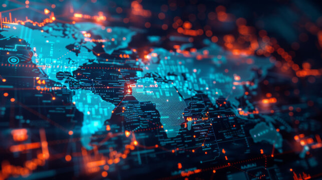 Futuristic digital world map with illuminated data points and technological elements representing global connectivity and information flow.