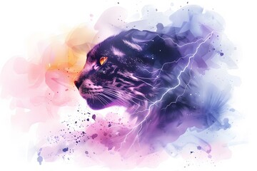 Fototapeta premium double exposure cat with colorful watercolor 