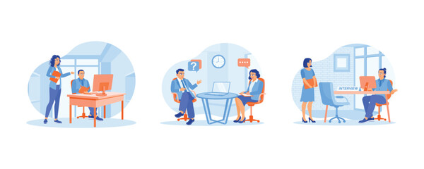 Naklejka premium Job seeker meets the manager. Discuss work assignments. job interview with an HR leader. Job interview concept. Set flat vector illustration.