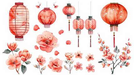 PNG Chinese New Year Lanterns with Floral flower Decoration and Red Ornaments. beautiful watercolor element collection set art Happy Chinese new year. watercolor element
