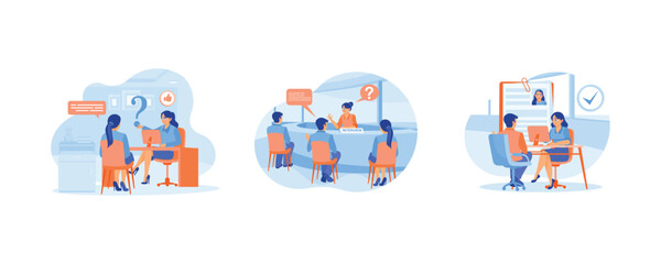 Female job seeker has job interview. Selection of employees to occupy vacant positions. The manager reads the candidate's data. Job interview concept. Set flat vector illustration.