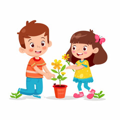happy cute little kid boy and girl plant flower vector illustration isolated on white background
