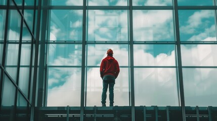 Fototapeta premium Edge of the world a person contemplating the vast sky and clouds, travel and adventure concept