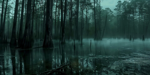 Misty forest with tall trees and a calm pond, creating an eerie and tranquil atmosphere with a mysterious green hue..horror forest
