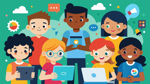 Children from diverse backgrounds and cultures coming together to share their love for coding and technology at a youth coding symposium.. Vector illustration