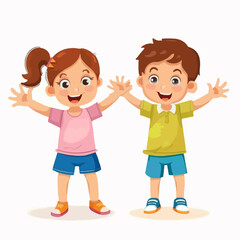 Little boy and girl stand holding their hands up and smiling together. Vector illustration. Isolated on white background