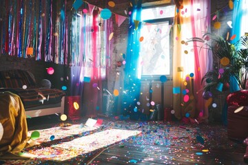 Fototapeta premium Room Decorated with Confetti and Streamers for Festive Party 