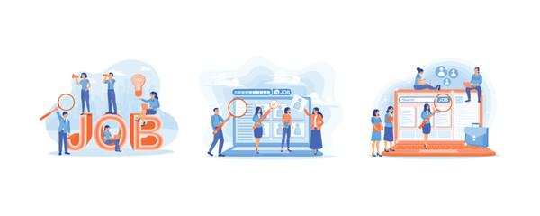 A group of people are looking for work. Companies post job vacancy advertisements on social media. Looking for job info on laptop. Job Search concept. Set flat vector illustration.