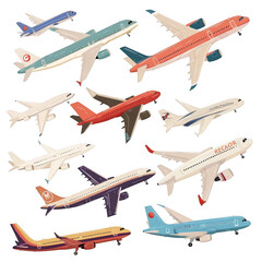Collection of colorful airplane illustrations in various designs and angles, perfect for aviation-related projects.