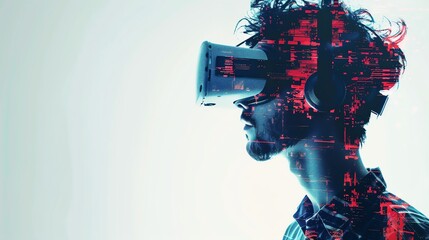 Cyberenhanced hacker with VR headset close up, focus on, copy space vibrant shades, Double exposure silhouette with virtual reality interface