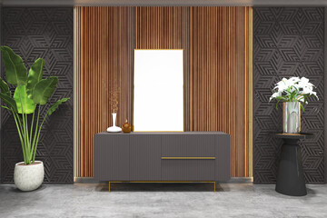 3d render of foyer with laser cut panel, credenza, plants and frame mock up. Gray cement floor, beige wall, wood fluted wall, gray ceiling. Set 12 © asesidea