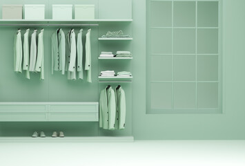 Modern scandinavian white walk in closet with wardrobe. Men Clothes on a hanger, storage shelf in pastel green background. 3d rendering, concept for shopping store and bedroom, studio, life style
