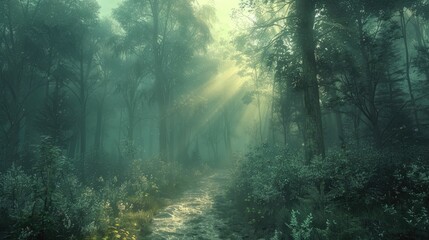 Mystic forest bathed in ethereal sunlight