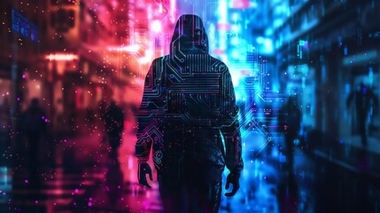 Rogue technomancer in dark alley close up, focus on, copy space neon hues, Double exposure silhouette with circuitry
