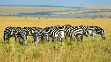 Obraz premium Snap a picture of a group of zebras grazing in the savannah, their distinctive stripes creating a mesmerizing pattern