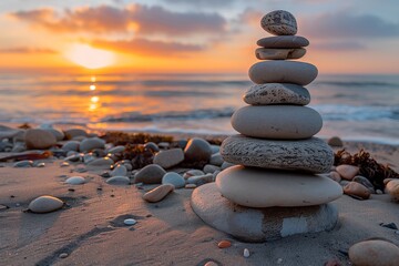 Fototapeta premium Balanced stack of rocks on the beach, representing tranquility, harmony and balance in life.