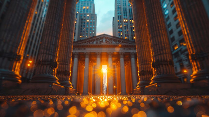 Golden sunlight illuminates the entrance of a grand neoclassical building surrounded by tall city skyscrapers.