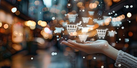 A person's hand is reaching out with multiple floating shopping cart icons above it, symbolizing online retail sales and ecommerce technology concepts