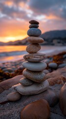 Balanced stack of rocks on the beach, representing tranquility, harmony and balance in life.