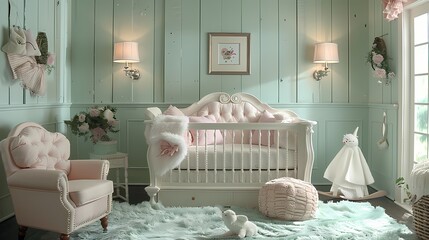 nursery decorated in soft fluffy hues, including pastel green walls and light pink bedding