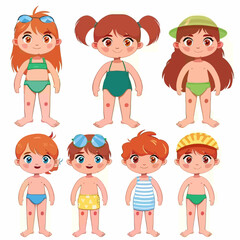 Set of children in beach clothes. Vector illustration isolated on white background