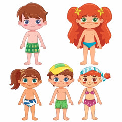 Set of children in beach clothes. Vector illustration isolated on white background