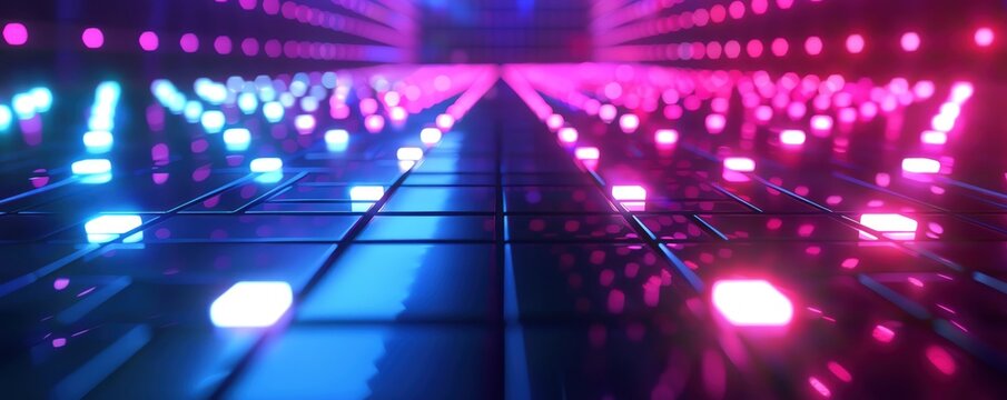 A 3D abstract background with a grid of pulsating neon squares