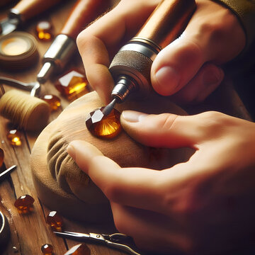 Jeweler crafting gemstone. Artistic precision in lapidary work.