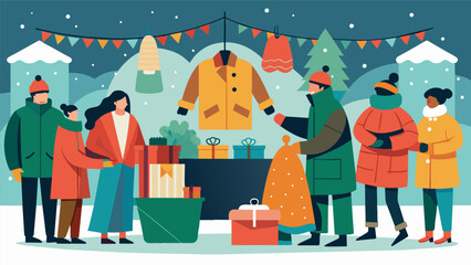 Amidst festive holiday decorations the church hosts a heartwarming winter coat drive where volunteers work tirelessly to collect sort and distribute. Vector illustration