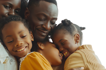 Young black family hugging each other on a white background