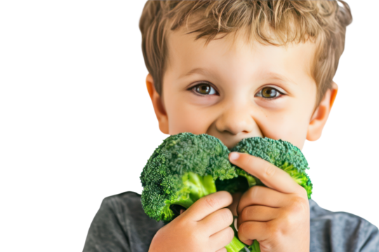Young boy eats broccoli on a white background