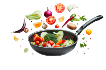 Various vegetables in a pan in a floating state on a white background on a white background