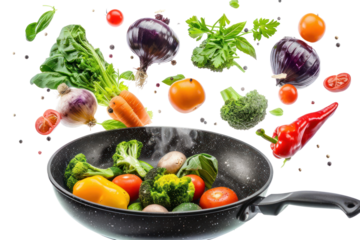 Various vegetables in a pan in a floating state on a white background on a white background