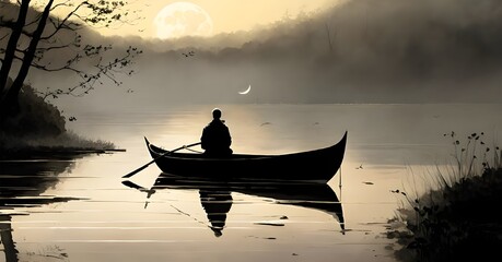 a man in a boat on a lake at sunset