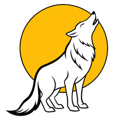 A gray wolf howls at the full moon. full body, Orange Yellow background