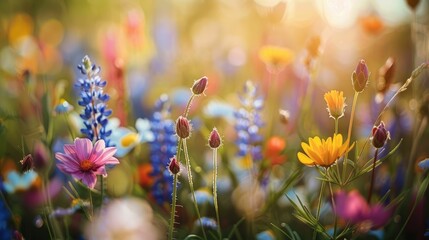 Vibrant meadow bathed in golden sunlight