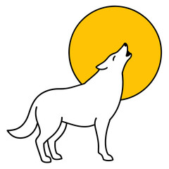 A gray wolf howls at the full moon. full body, Orange Yellow background