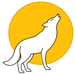 A gray wolf howls at the full moon. full body, Orange Yellow background