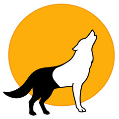 A gray wolf howls at the full moon. full body, Orange Yellow background