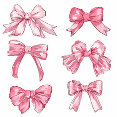 Set of Pink gift bow in vector style isolated on white background. Hand drawing decorative bow elements vector illustration